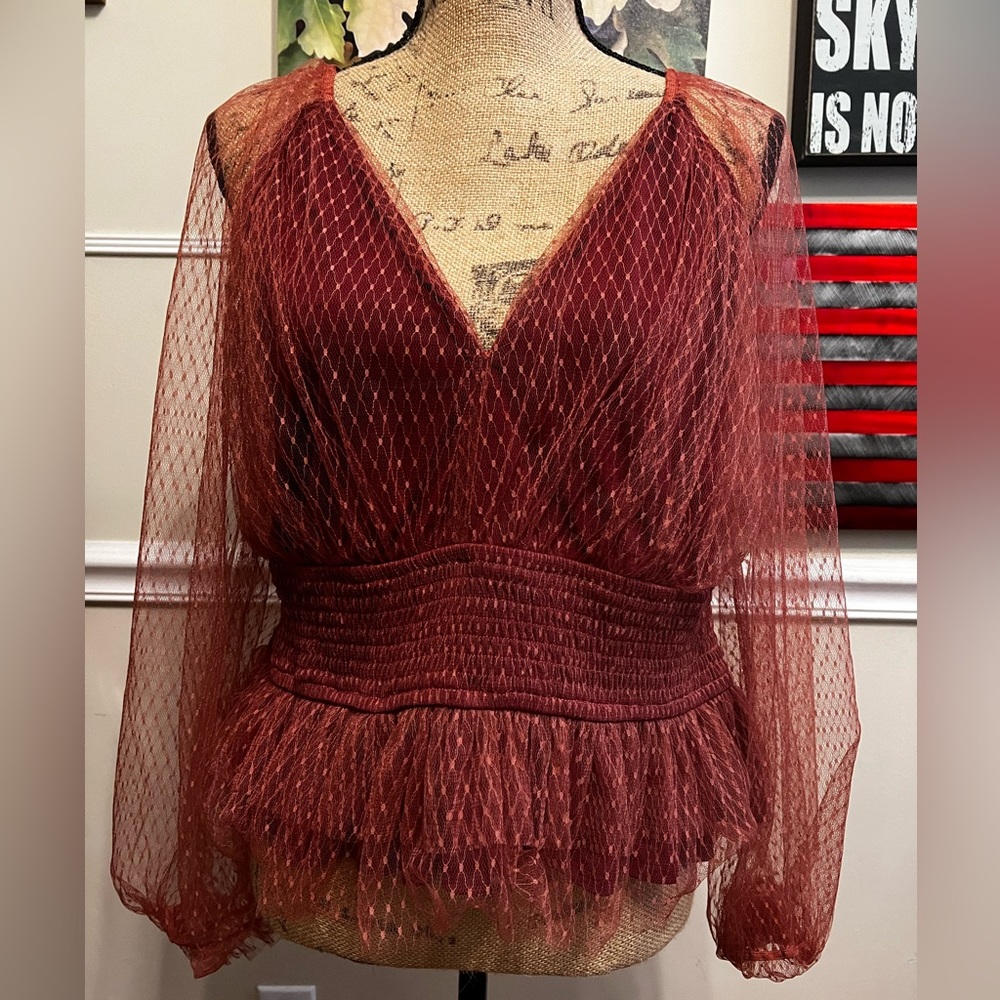 Anthropologie Rust Red Mesh Peplum Blouse